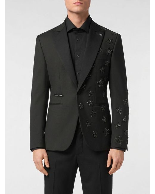 Philipp Plein Black Single Breasted Wool Blazer With All Over Crystal Stars for men