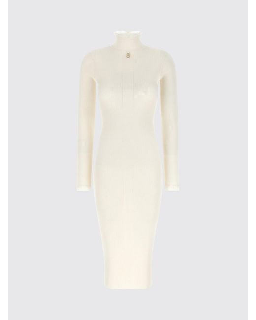 Elisabetta Franchi Natural Slim Fit Turtleneck Midi Knit Dress