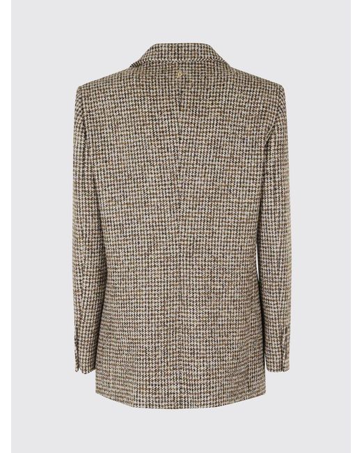 Dondup Natural Double-Breasted Houndstooth Wool Blend Blazer With Peak Lapels