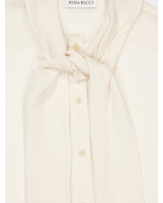 Nina Ricci White Pussy-Bow Silk Blouse With Flared Cuffs