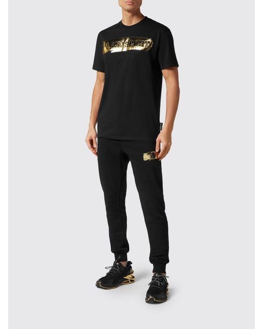Philipp Plein Black Slim Fit Cotton T-Shirt With Contrast Laminated Logo for men