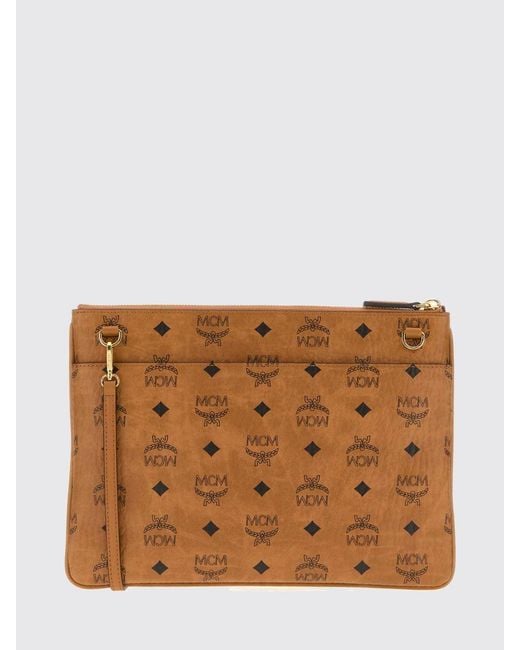 MCM Brown Aren Calfskin Leather Pouch With Embossed Logo And Detachable Strap