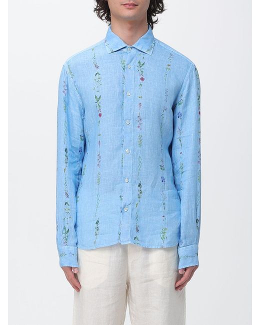 120% Lino Blue Linen Shirt With Floral Embroidery for men