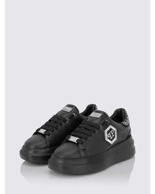Philipp Plein Black Leather Chunky Sneakers With Hexagon Logo And Rhinestones