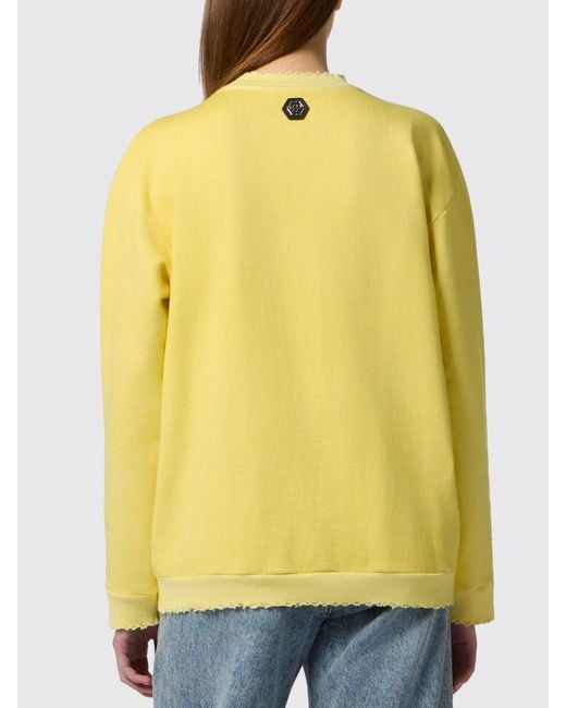 Philipp Plein Yellow Cotton Crewneck Sweatshirt With Frayed Hem And Rhinestone Logo