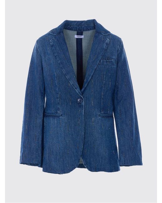 Liu Jo Blue Single-Breasted Denim Blazer With Micro Rhinestones