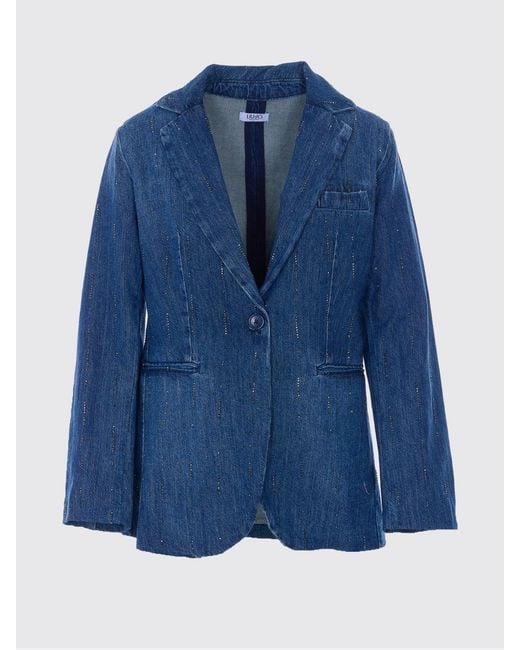 Liu Jo Blue Single-Breasted Denim Blazer With Micro Rhinestones
