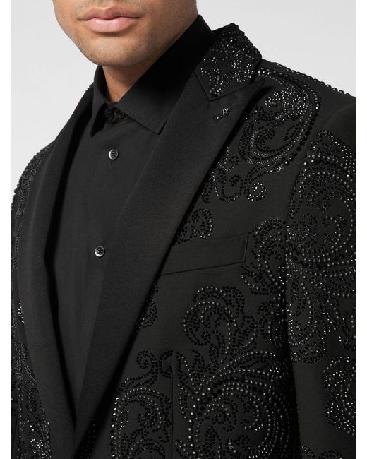 Philipp Plein Black Single-Breasted Wool Blazer With Crystal Embroidery for men