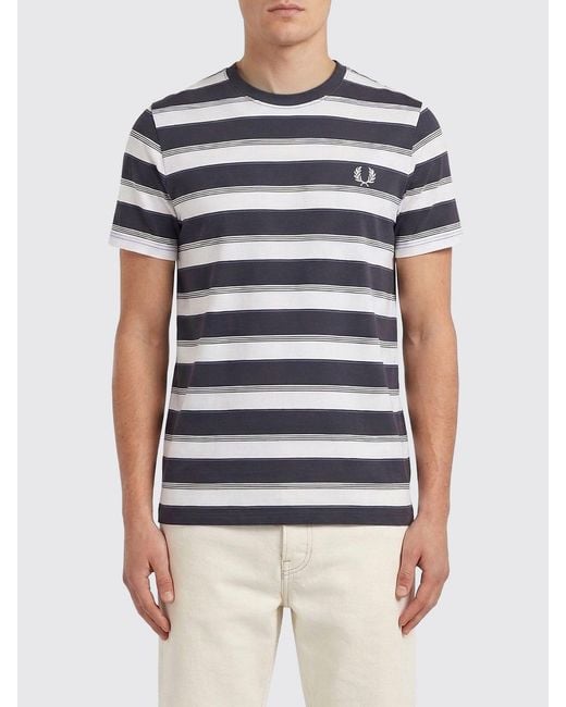 Fred Perry Blue Striped Cotton T-Shirt With Logo for men