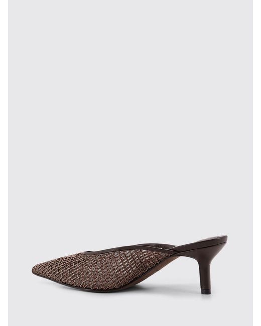 Brunello Cucinelli Brown Mesh Nylon Mules With Monile And Leather