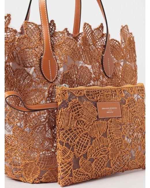Ermanno Scervino Brown Embroidered Floral Motif Mesh Nylon And Raffia Bag Ermanno Scervino