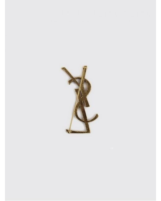 Saint Laurent White Cassandre Brushed Brass Brooch