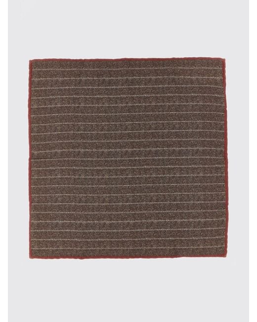 Brunello Cucinelli Brown Striped Pure Silk Pocket Square With Logo for men