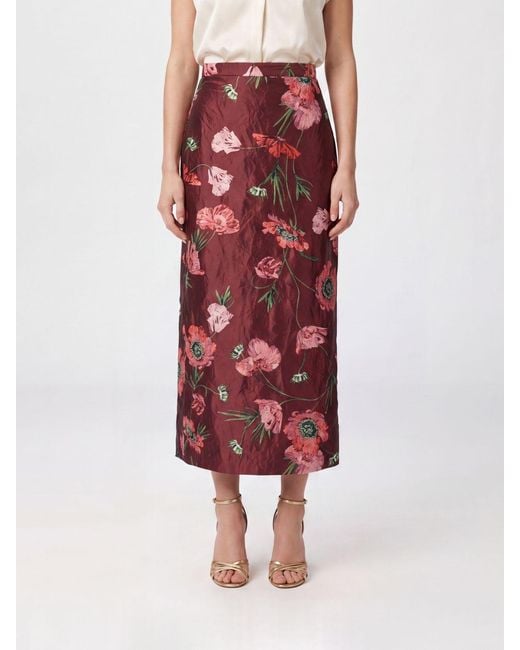 Erdem Red Floral Satin High-Waisted Midi Pencil Skirt