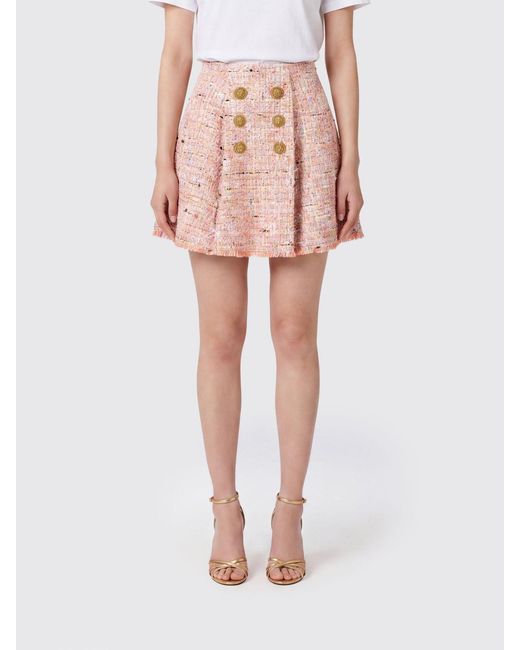Balmain Pink High-Waisted Tweed Mini Skirt With Abstract Pattern And Frayed Hem
