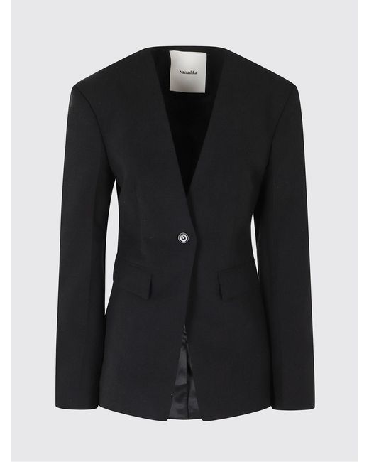 Nanushka Blue Cropped Single-Breasted Silk-Blend Blazer