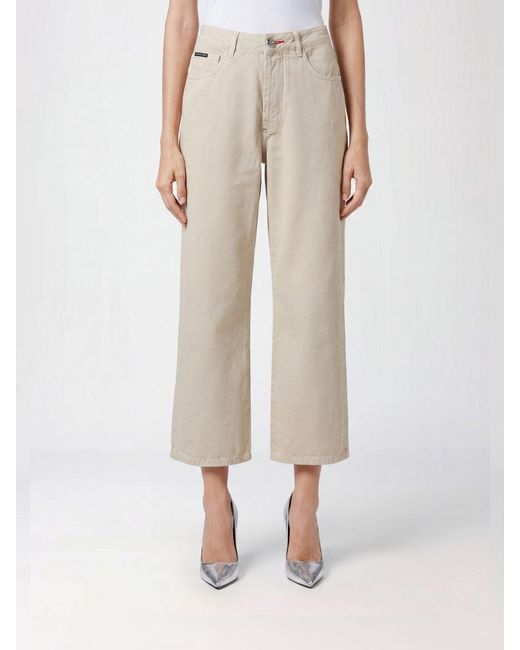 Philipp Plein Natural High-Waisted Wide Leg Cropped Stretch Denim Jeans