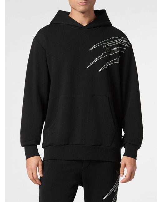 Philipp Plein Black Cotton Hoodie With Graphic Print And Hexagon Logo for men