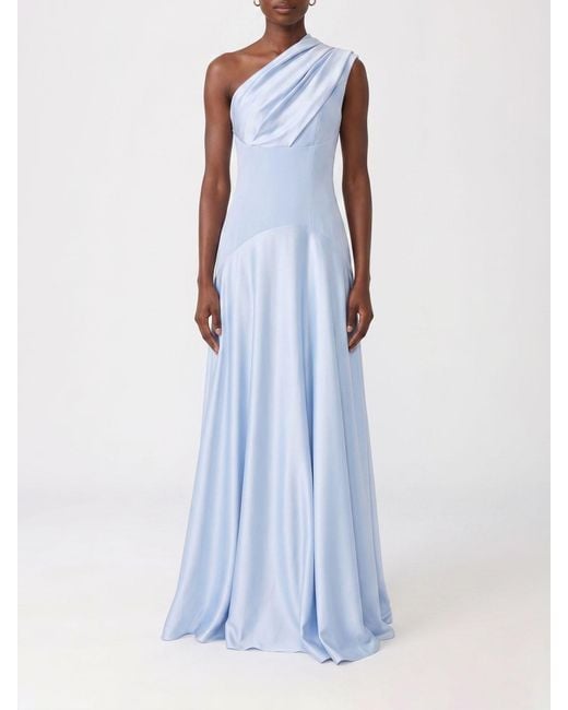 Solace London Blue Gabriela One-Shoulder Draped Satin Long Evening Gown