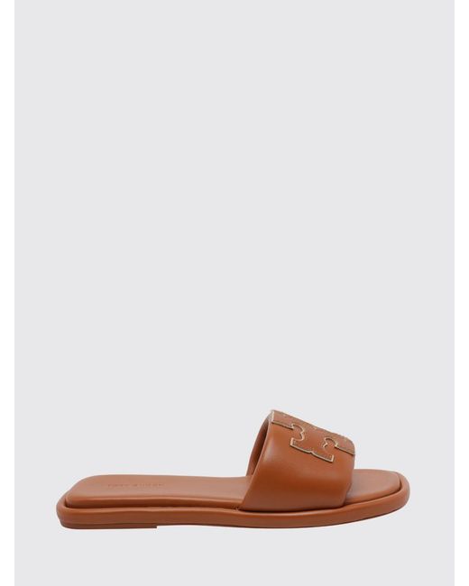Tory Burch Brown Double T Sport Smooth Leather Slide Sandals With Logo