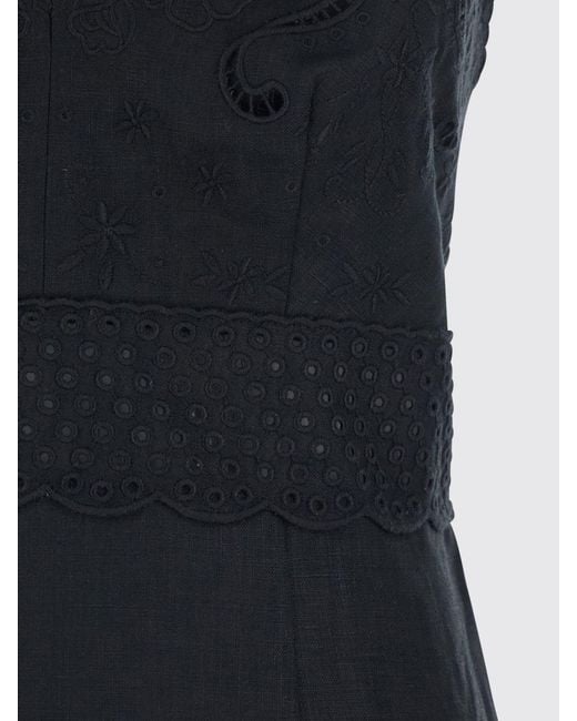 Twinset Black Linen And Broderie Anglaise Midi Dress With Halter Neck