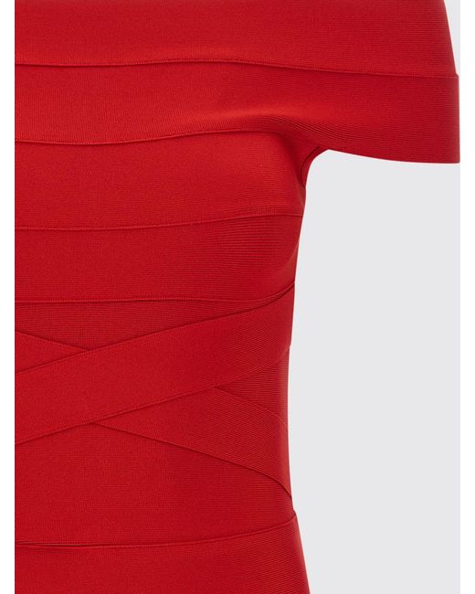 ROTATE BIRGER CHRISTENSEN Red Off-The-Shoulder Jersey Sheath Midi Dress With Straight Neckline