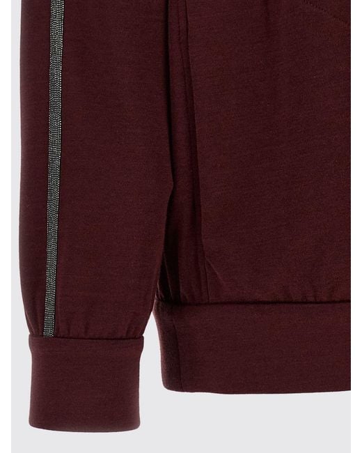 Brunello Cucinelli Red Cotton-Silk Blend Hooded Zip-Up Sweatshirt With Monili