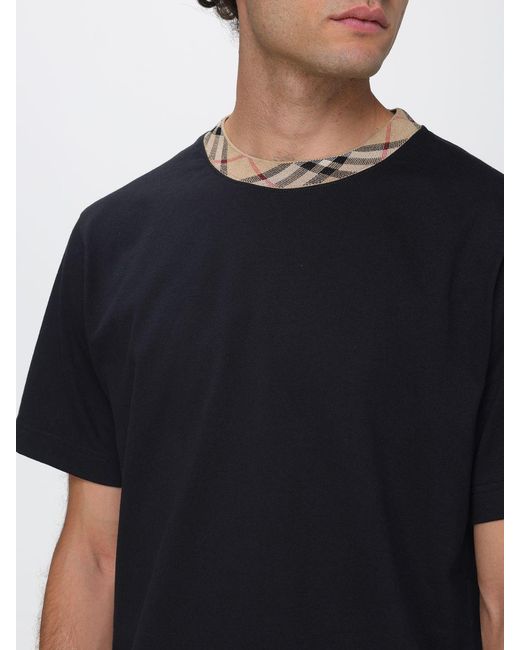 Burberry Black Crew Neck Cotton T-Shirt With Contrast Trims for men