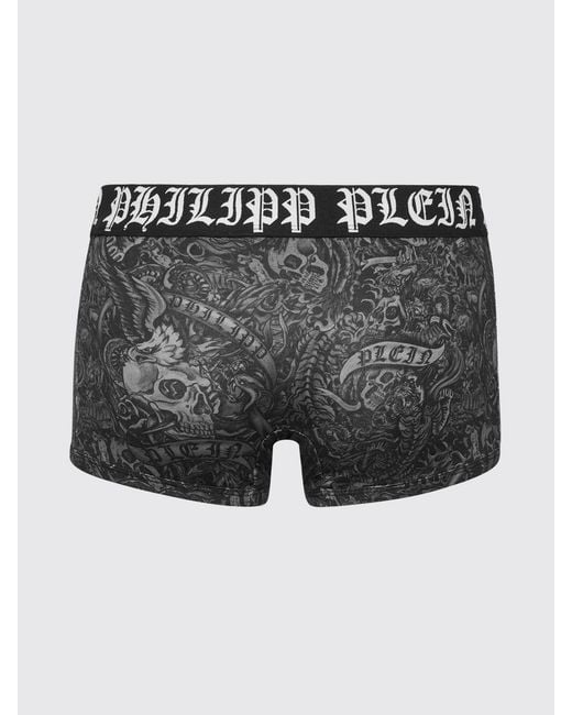 Philipp Plein Black Stretch Cotton Blend Boxer Shorts With Tattoo Print for men