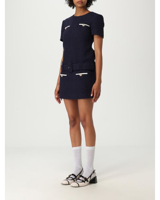 Self-Portrait Blue Elegant Dress With Belt And Button Detail Short Sleeves Woven Fabric