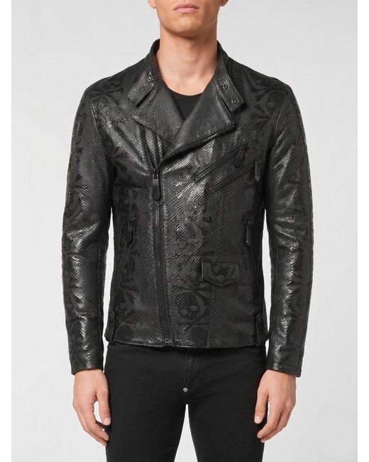 Philipp Plein Black Snake Print Leather Biker Jacket for men