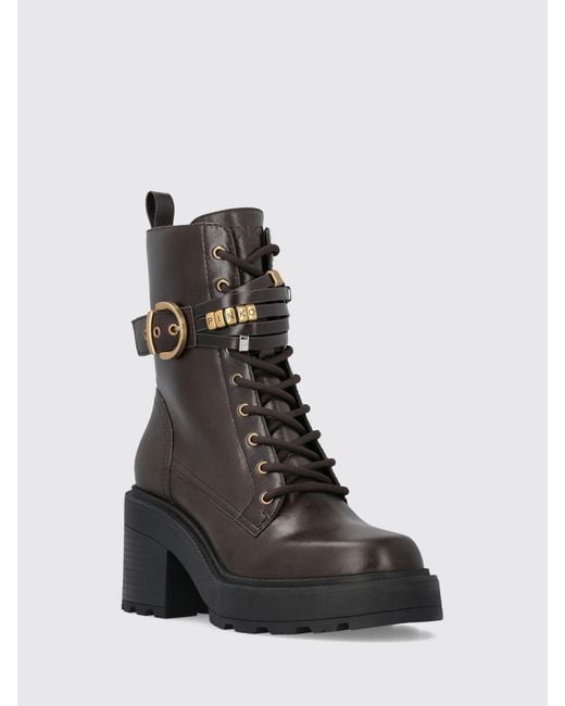 Pinko Brown Altea Leather Combat Boots With Lug Sole And Medium Heel