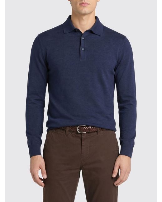 Fay Blue Long-Sleeved Knitted Polo for men
