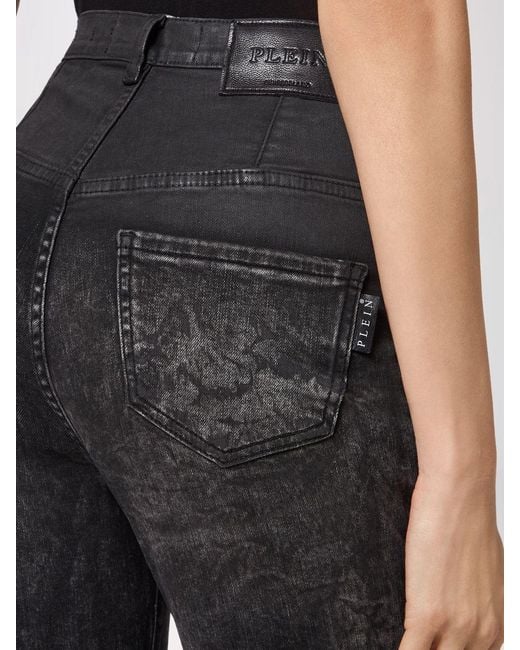 Philipp Plein Black High-Waisted Cropped Skinny Stretch Jeans With Used Effect