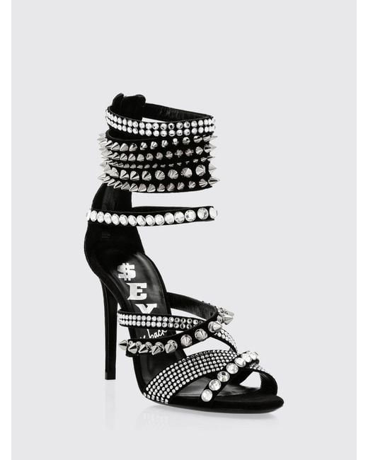 Philipp Plein Black Suede High-Heeled Sandals With Crystal And Stud Embellishments