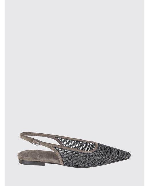 Brunello Cucinelli Gray Mesh Net And Suede Slingback Ballerinas With Monili