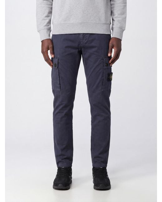 Stone Island Blue Stretch Organic Cotton Cargo Trousers With Compass Logo for men