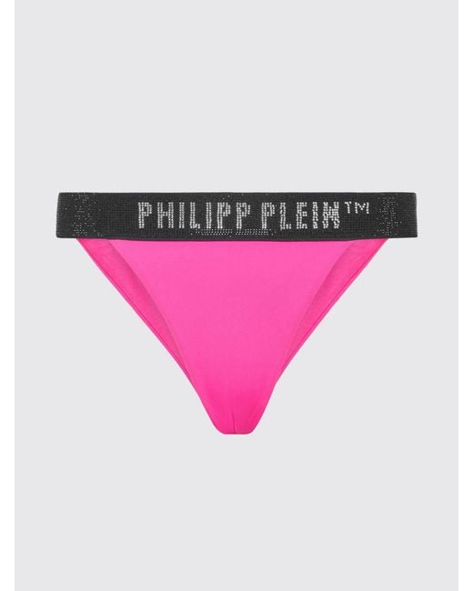 Philipp Plein Pink Lycra Bikini Bottoms With Logo Waistband And Crystals