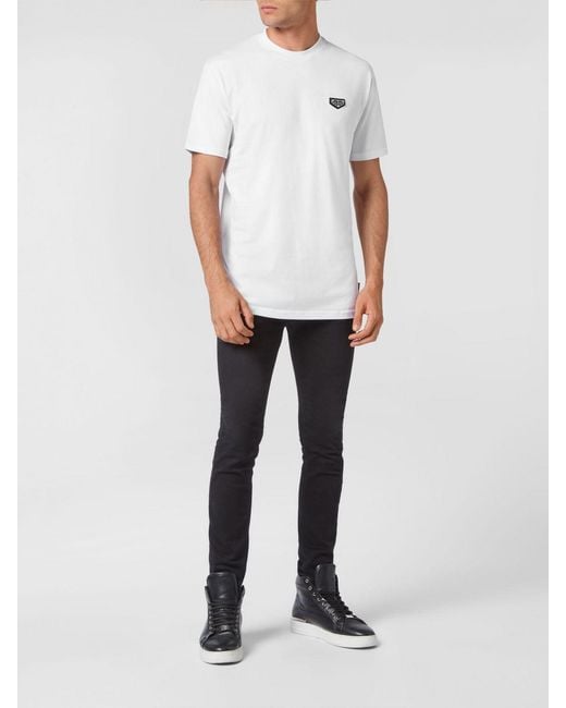 Philipp Plein White Cotton T-Shirt With Applied Logo Patch On The Chest for men