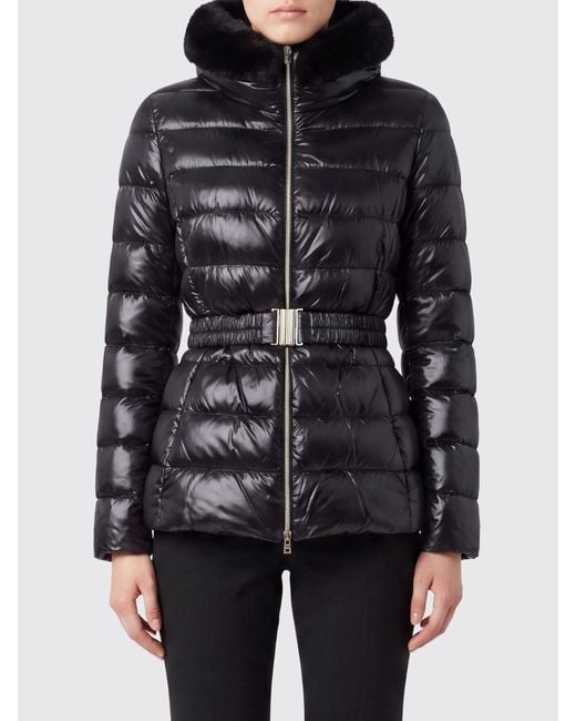 Herno Black Slim Fit Quilted Nylon Puffer Jacket With Fur Collar And Belt