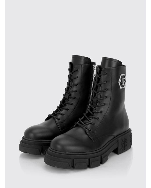 Philipp Plein Black Monogram Calfskin Combat Boots With Hexagon Logo for men