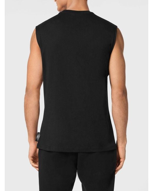 Philipp Plein Black Cotton Tank Top With Contrast Logo And Round Neck for men