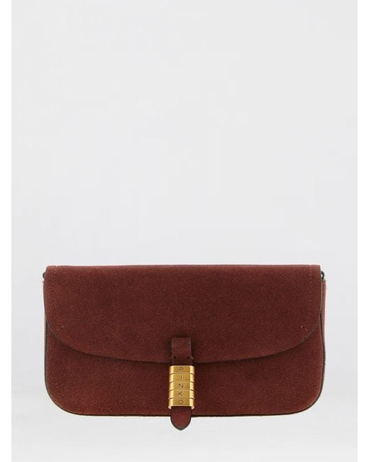 Pinko Brown Saddle Flat Medium Suede Shoulder Bag