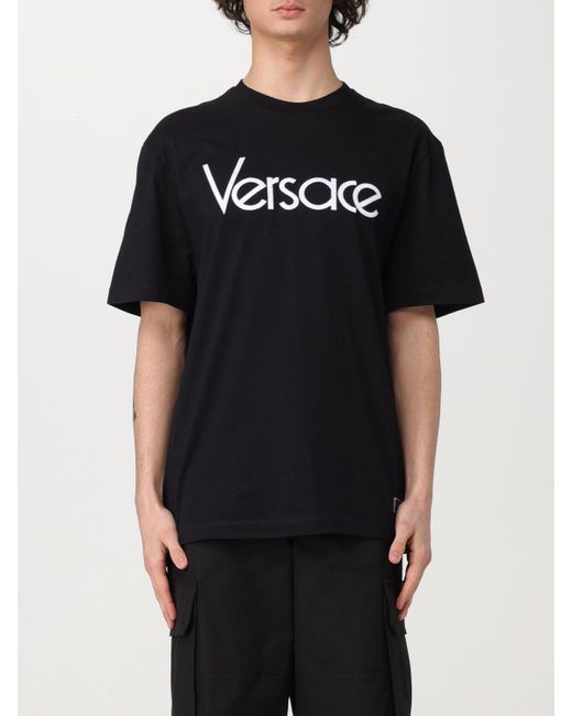 T-shirt en coton imprimé logo Versace pour homme en coloris Black