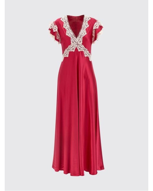 Alberta Ferretti Red Long Satin Dress With Lace Inserts