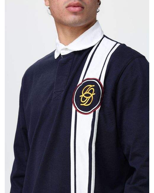 Drole de Monsieur Blue Striped Long-Sleeve Cotton Polo Shirt With Monogram for men