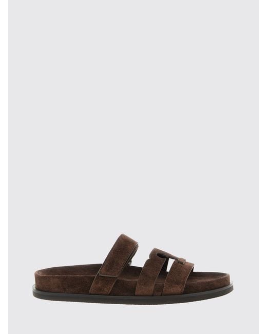 Tory Burch Brown Ines Sport Suede Leather Slides With Cut-Out Logo