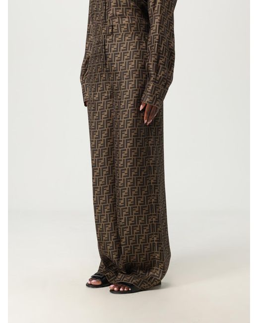 Fendi Brown Silk Trousers With Monogram Motif