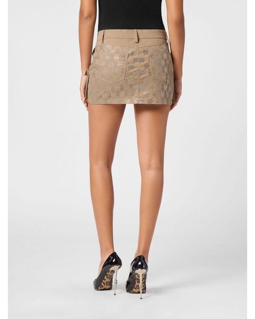 Philipp Plein Natural High-Waisted Cargo Mini Skirt With Rhinestone Hexagon Logo
