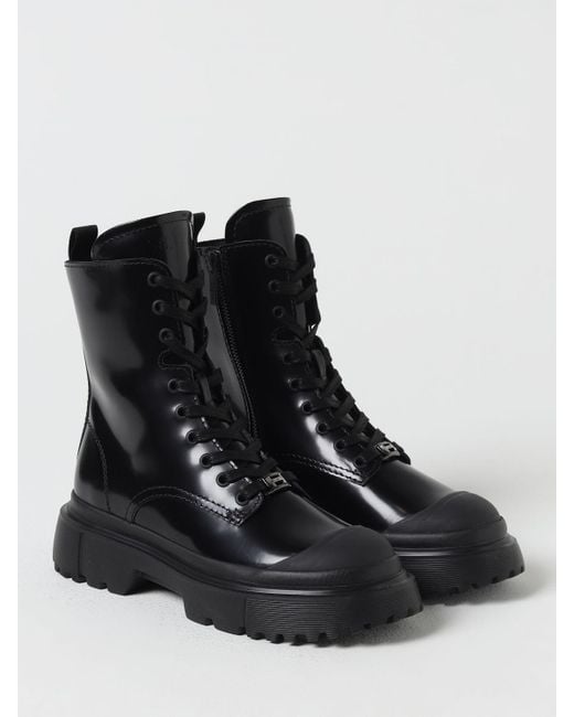 Hogan Black H619 Combat Boots In Brushed Leather
